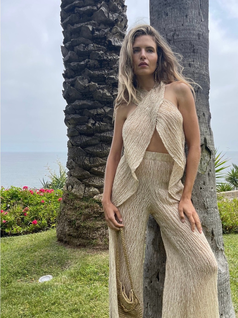 Cream Crinkle Halter Wide-Leg pant set- Women